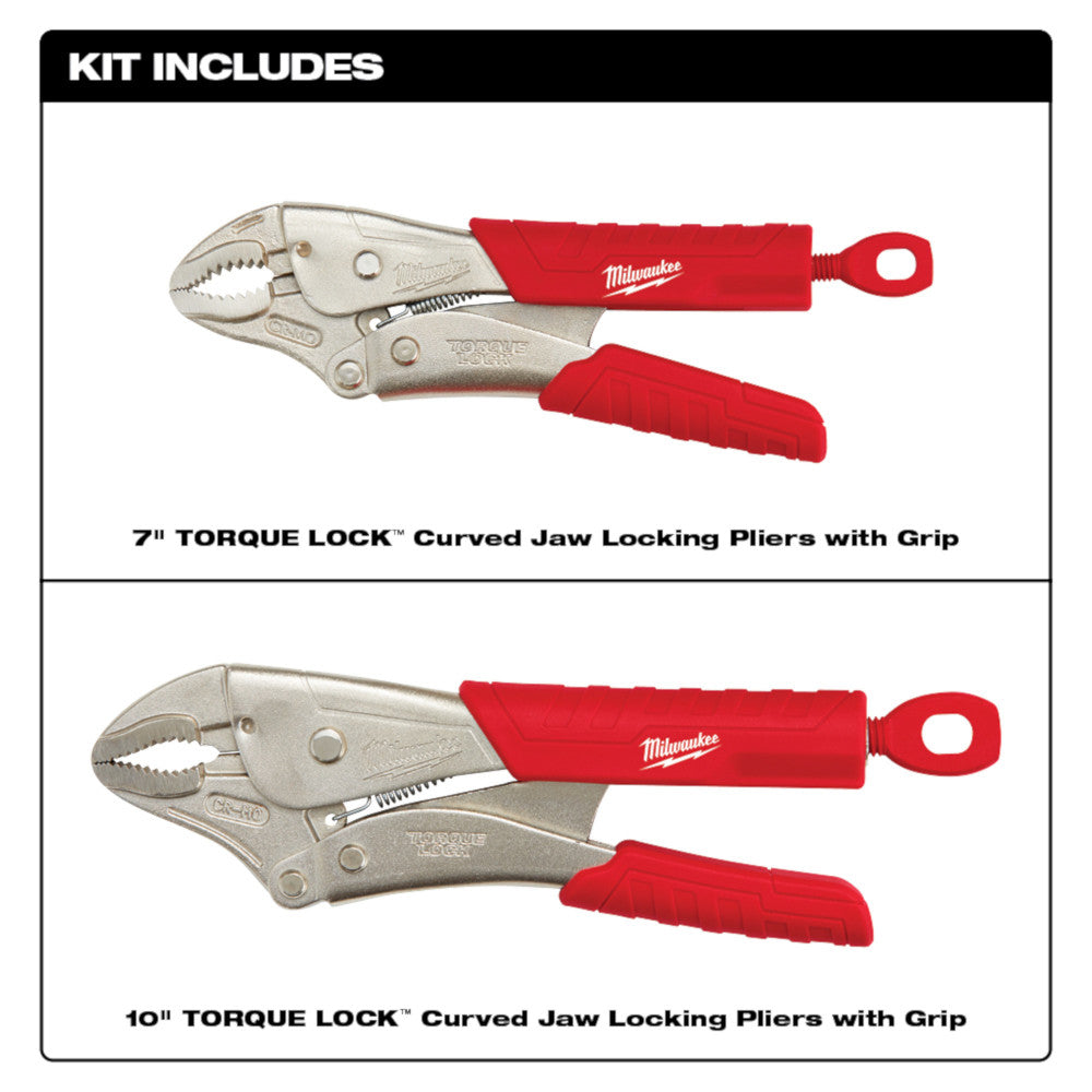 Two metal curved jaw locking pliers with red grip handles, 7 inch and 10 inch sizes shown.