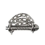 Metal grease cutter tool with three chain loops and coiled spring mechanism for drum cable cleaning.