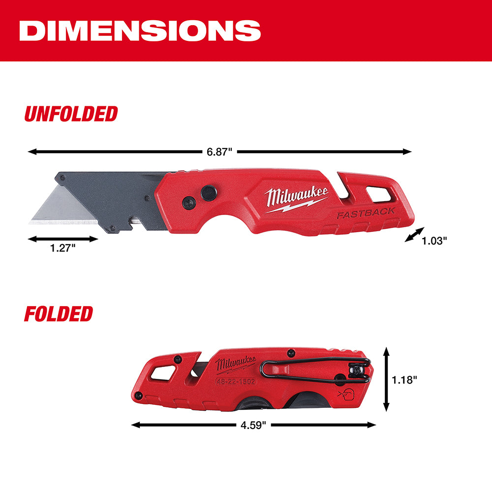 Milwaukee FASTBACK utility knife shown unfolded at 6.87" length and folded at 4.59" length with blade extended.