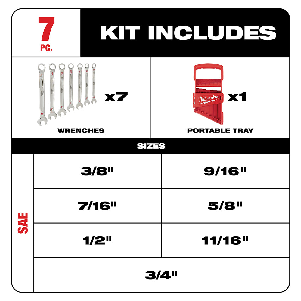 Seven chrome SAE combination wrenches and red portable storage tray with size specifications displayed.