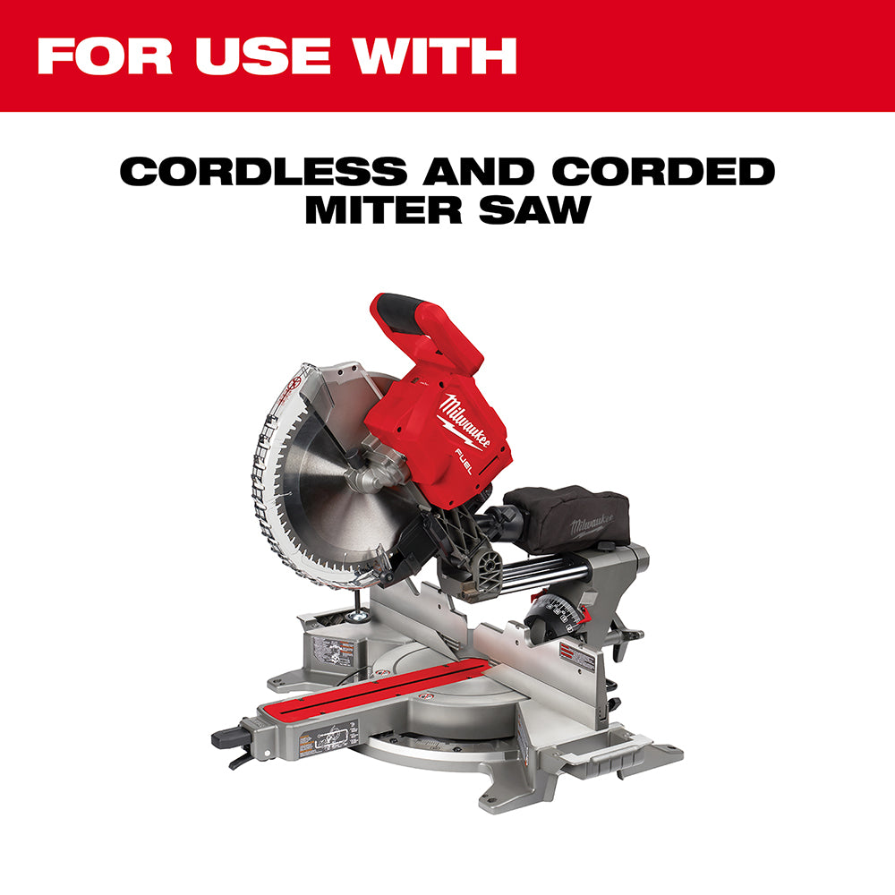 12-inch circular saw blade with metal-cutting teeth mounted on red and gray miter saw.