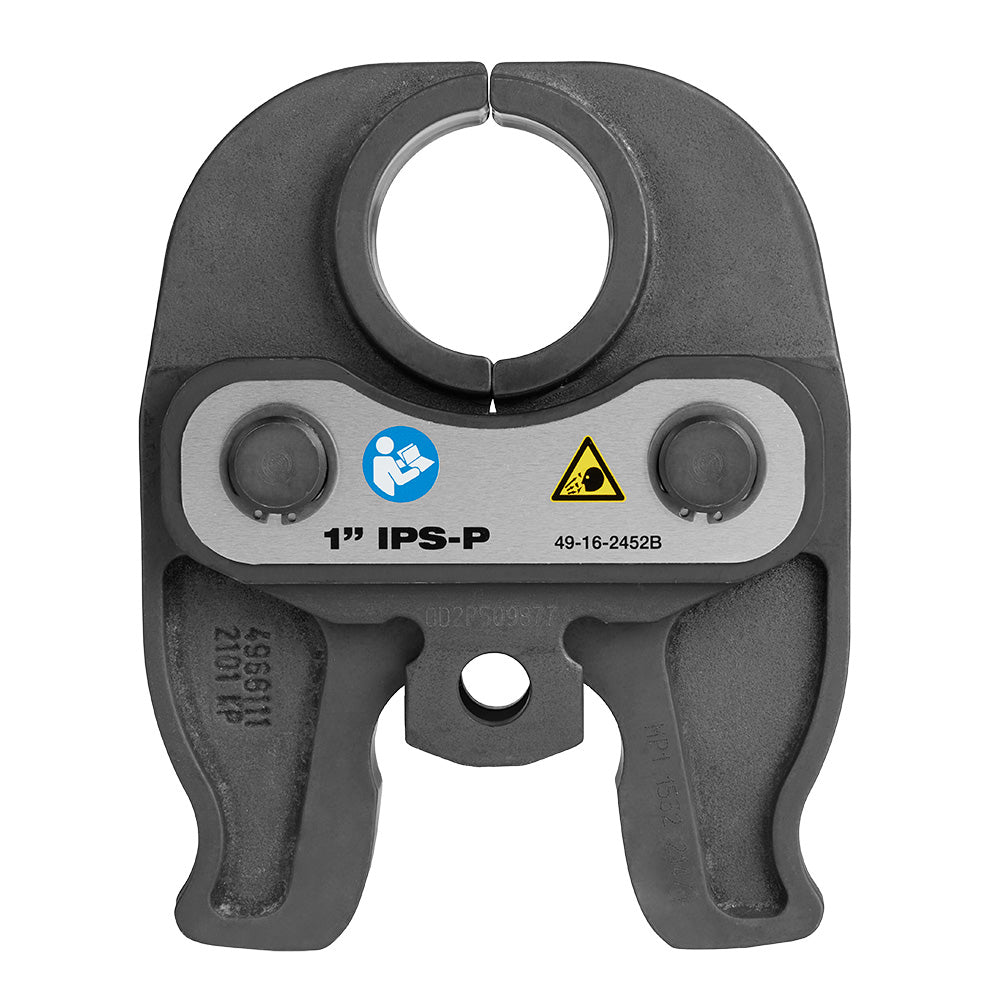 Dark gray press jaw with 1" circular opening, two adjustment knobs, and white center button for M12 FORCE LOGIC press tool.