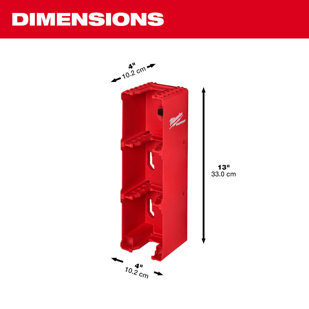 Red Milwaukee PACKOUT battery rack with dimensions labeled: 4" width, 13" height, and 4" depth.