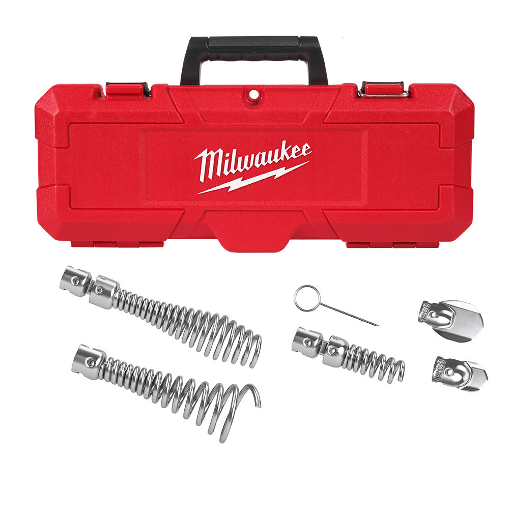 Milwaukee red carrying case with sectional cable head attachments including spring-loaded heads and accessory tools.