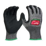Gray knit work gloves with black nitrile-dipped palms and fingertips, green wrist cuff, and Milwaukee label.