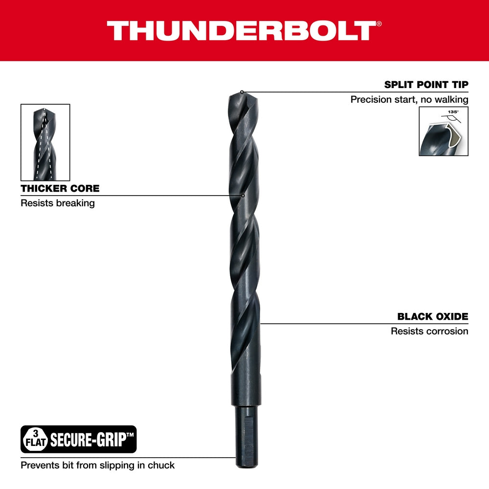 Black oxide Thunderbolt drill bit with split point tip, thicker core, and flat secure-grip shank, shown with feature callouts