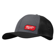 Gray and black trucker hat with mesh back panel and red Milwaukee logo patch on front.