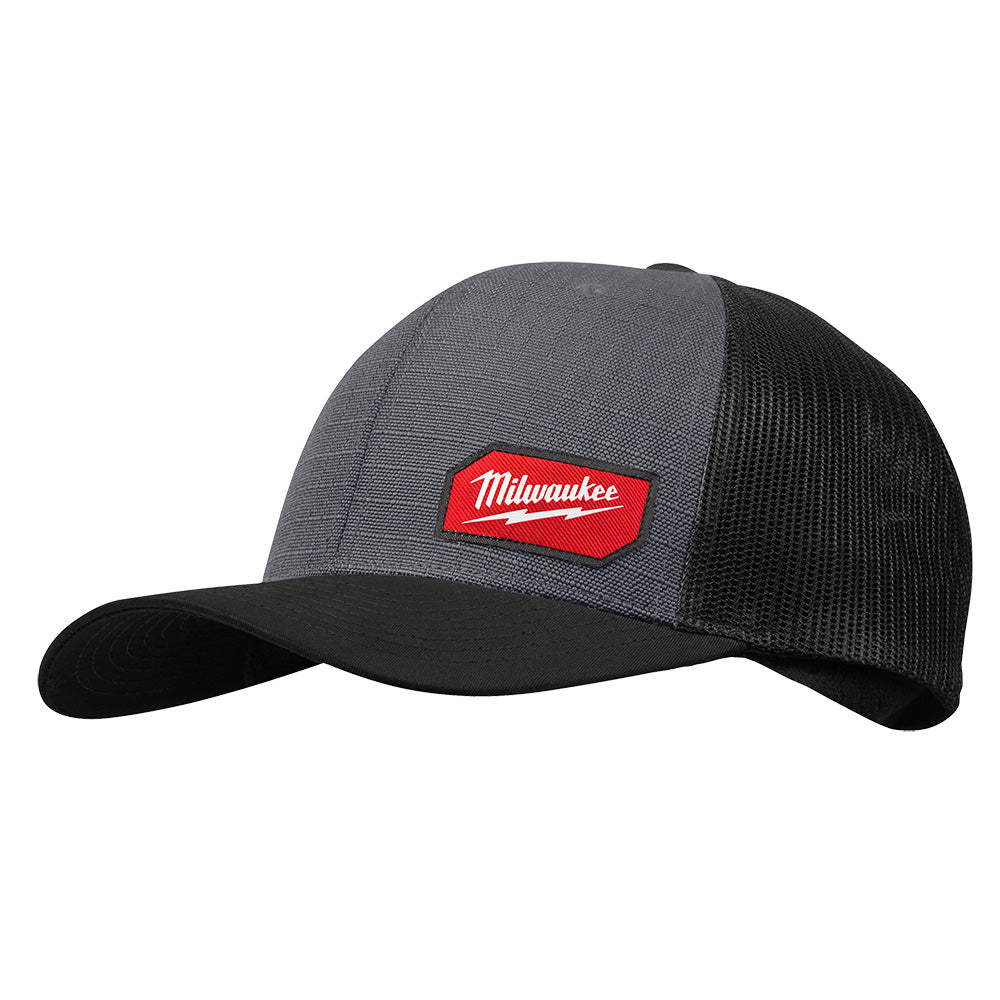 Gray and black trucker hat with mesh back panel and red Milwaukee logo patch on front.