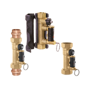 Brass balancing valve with 1/2 inch NPT connections, black adjustment knobs, and purple insulation wrap shown in three angles