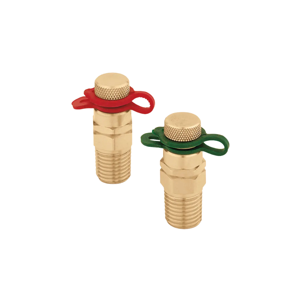 Two brass port connectors with knurled caps and red and green lever handles.