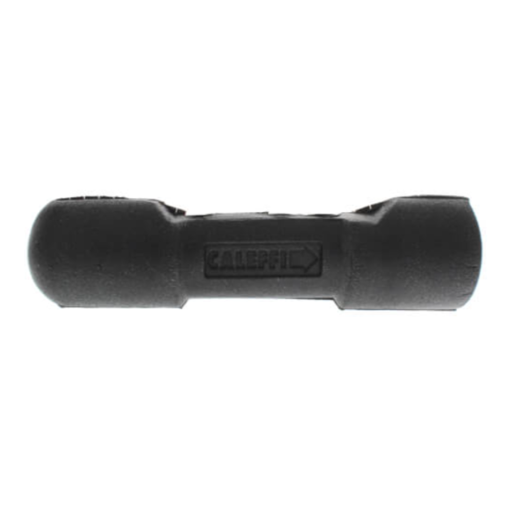Black cylindrical insulation shell with tapered ends and Caleffi branding on center section.