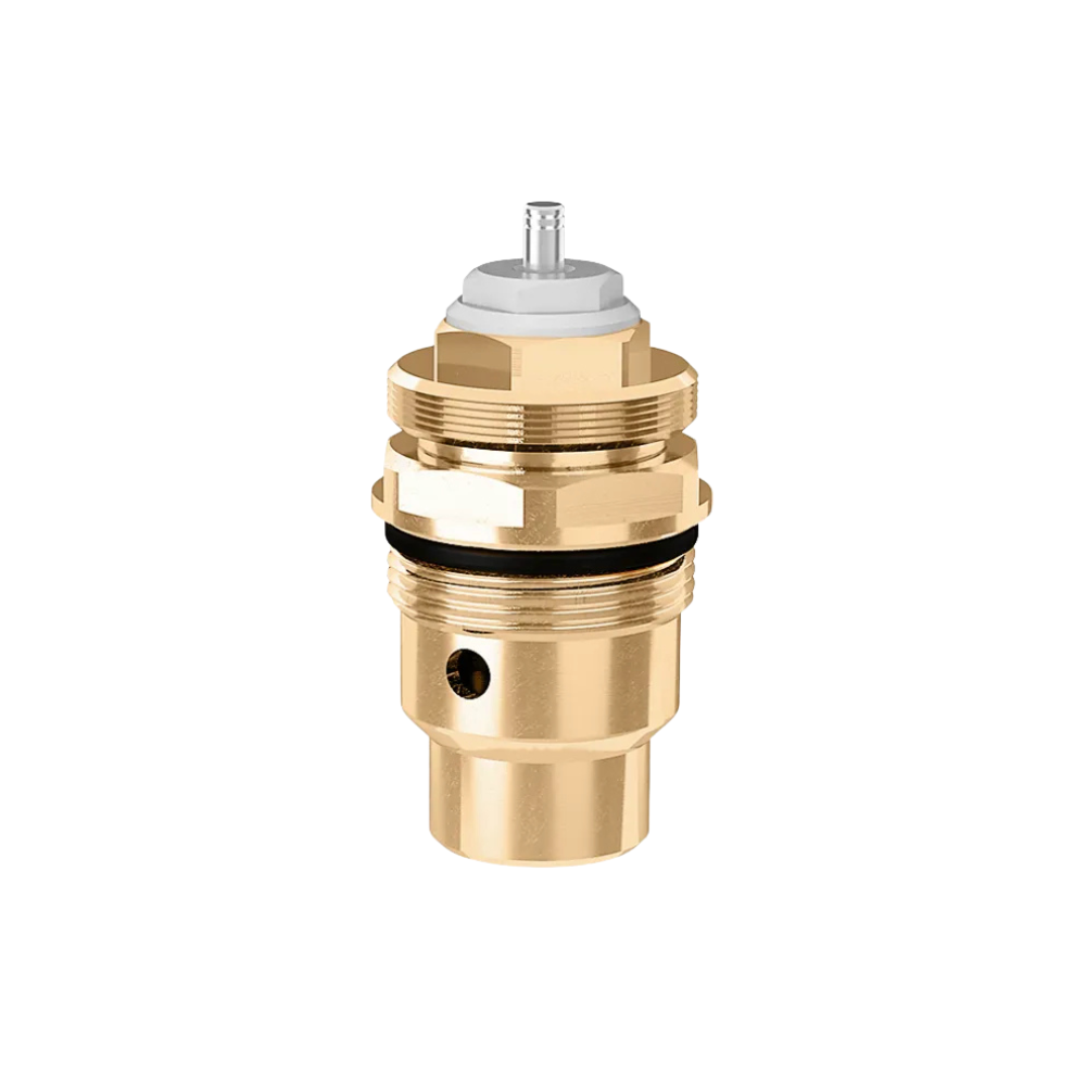 Brass cartridge actuator with white cap, metal stem, and black seal ring for replacement in valve assembly.