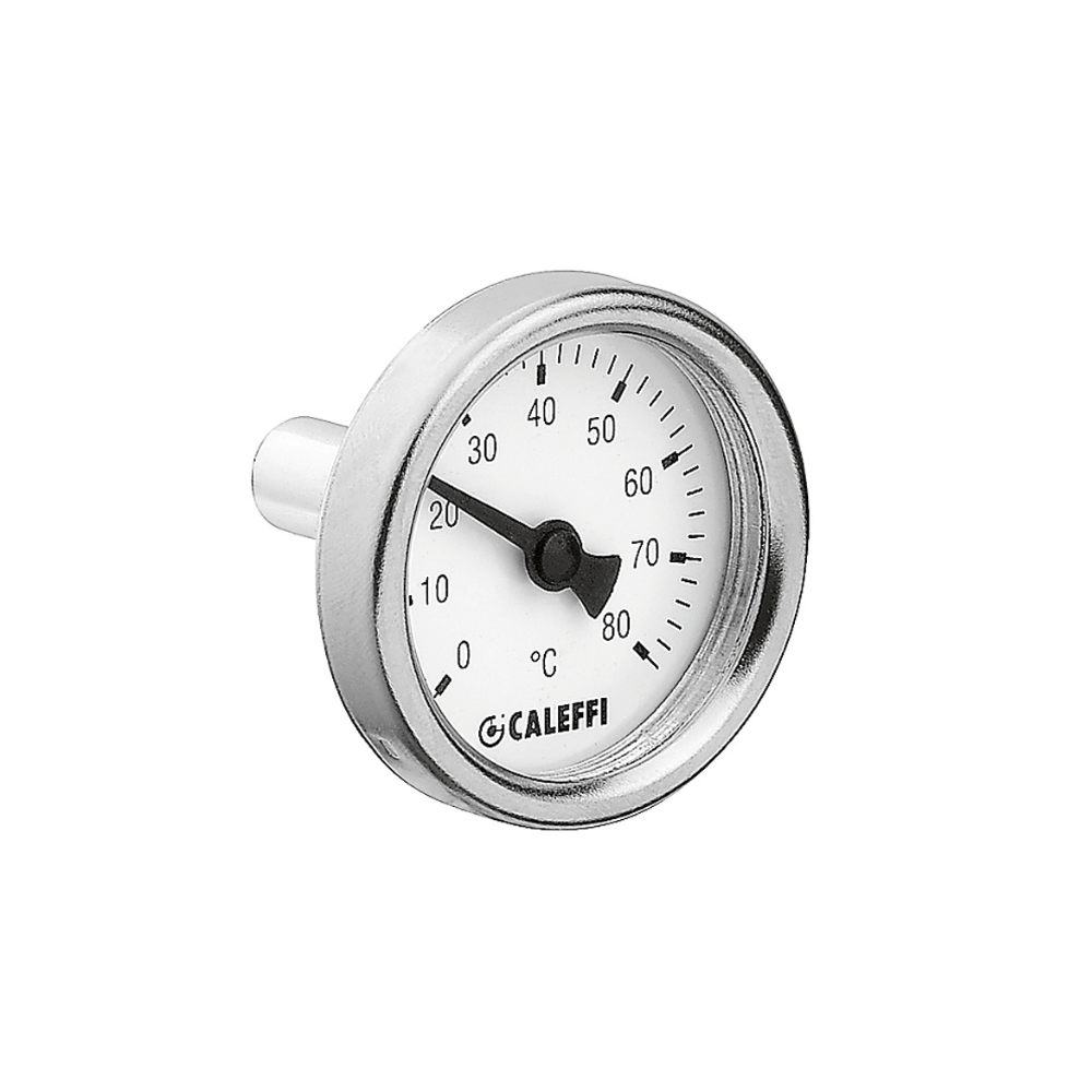 Caleffi temperature gauge with 1-1/2 inch dial displaying 0-80 degrees Celsius scale and threaded stem connection.