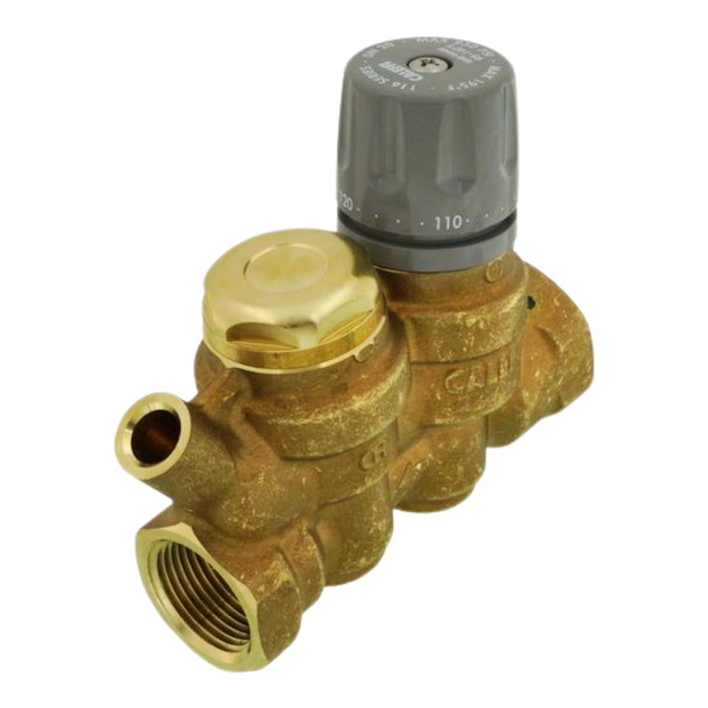 Brass thermal balancing valve with gray thermostatic head, 3/4 inch NPT ports, and adjustment dial marked to 110 degrees.
