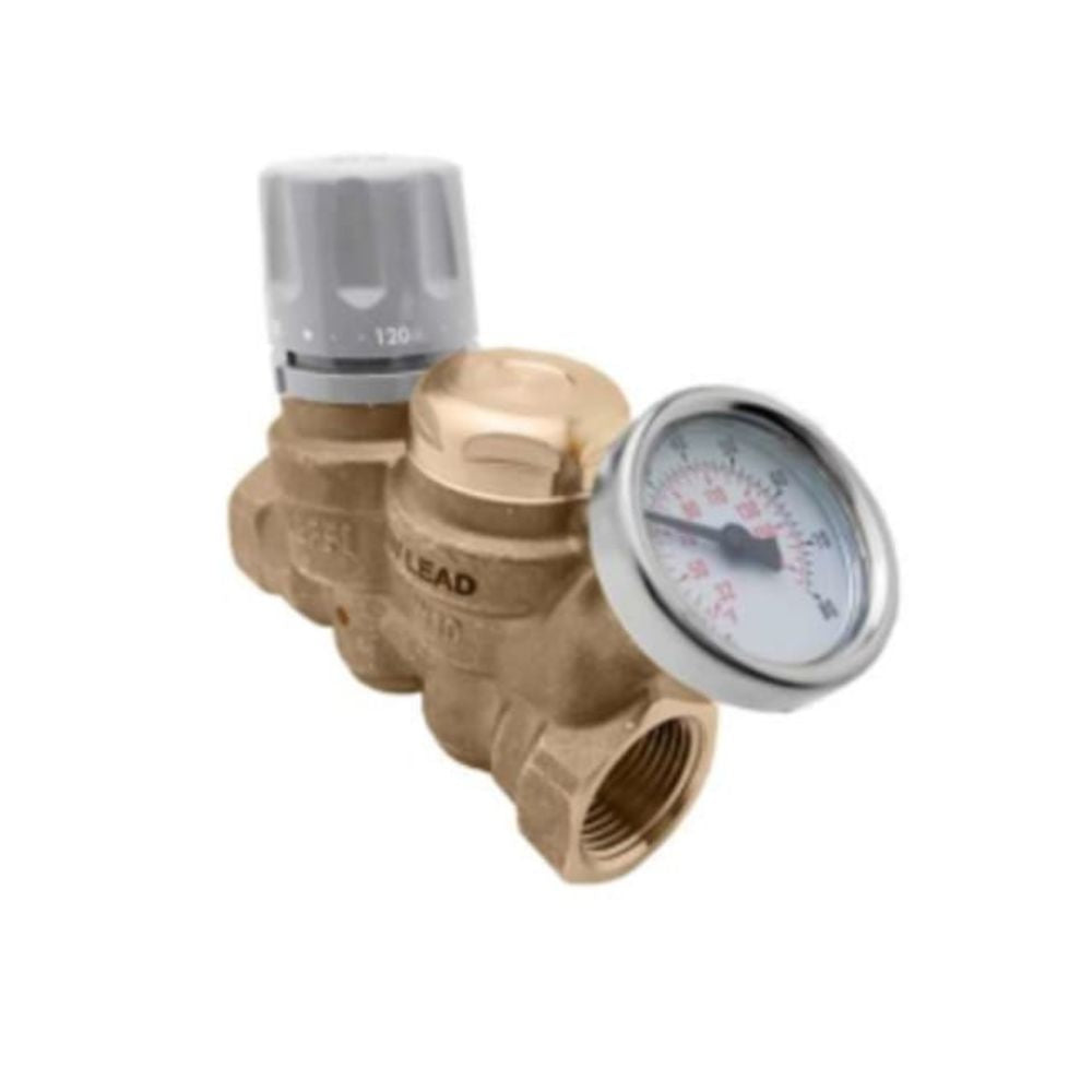 Brass thermal balancing valve with gray adjustable knob and attached temperature gauge dial.