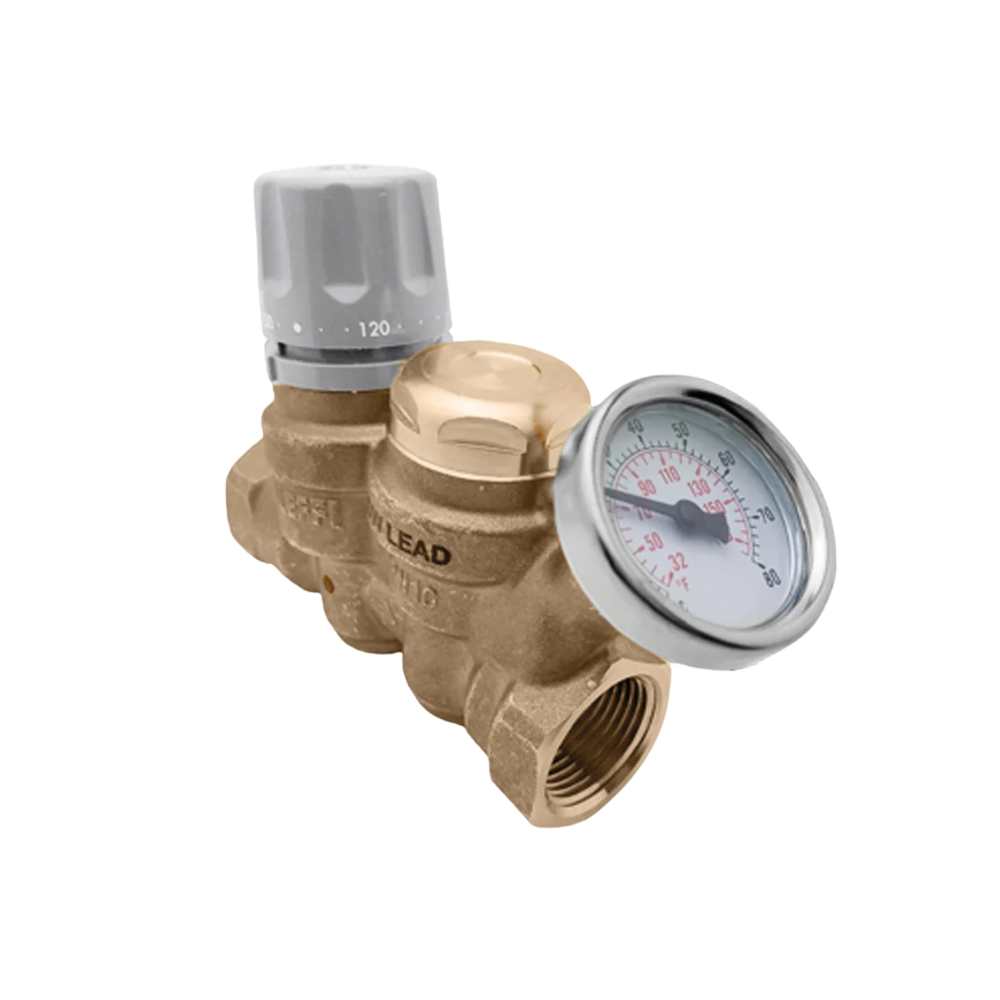 Brass thermal balancing valve with gray adjustment cap, temperature dial gauge, and NPT threaded ports.