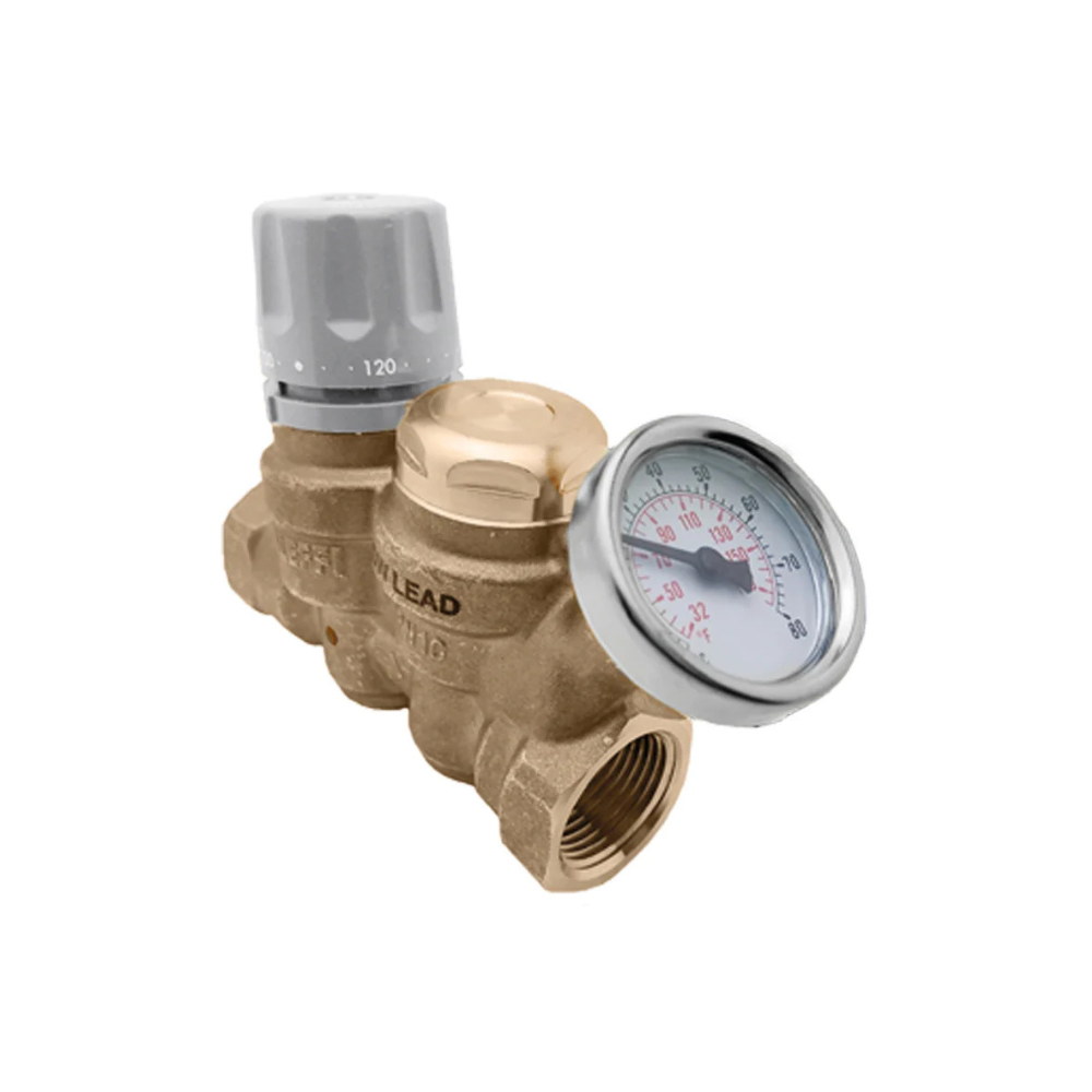 Brass thermal balancing valve with 1 inch NPT connections, gray adjustment knob marked 120, and pressure gauge.