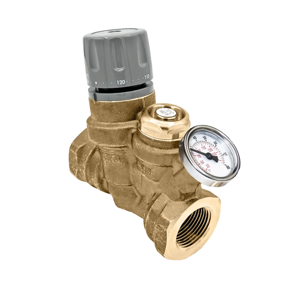 Brass thermal balancing valve with gray adjustment cap, temperature dial gauge, and 1 inch NPT threaded outlet.