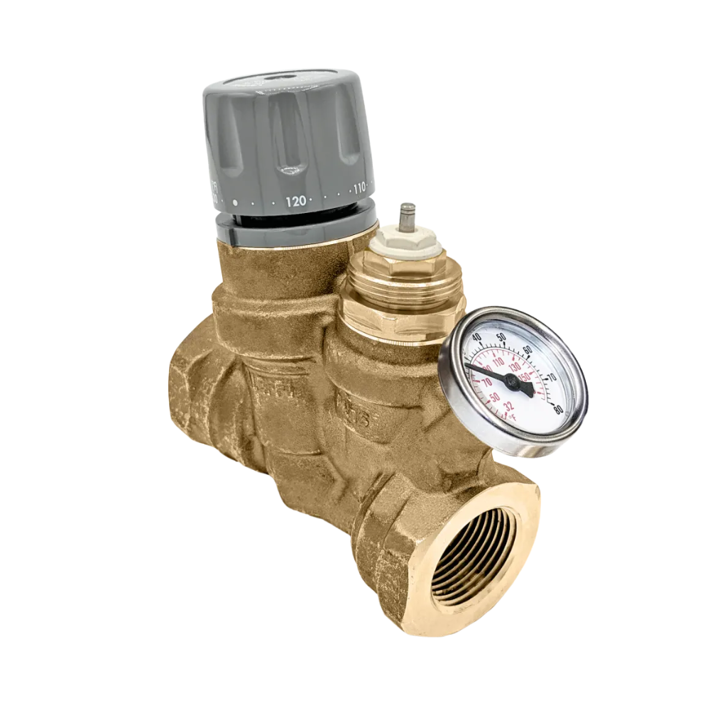 Brass Y-strainer with sweat connections, gray thermostatic valve cap, and pressure gauge on side.