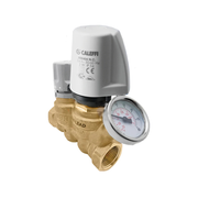 Brass Y-strainer with white actuator head and attached pressure gauge on side port.