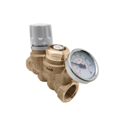 Brass Y-strainer with 1 inch sweat connections, gray adjustment cap, and attached pressure gauge.