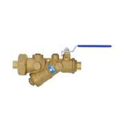 Brass Y-strainer with 1/2" soldered connections, integral ball valve with blue lever handle, and drain port.
