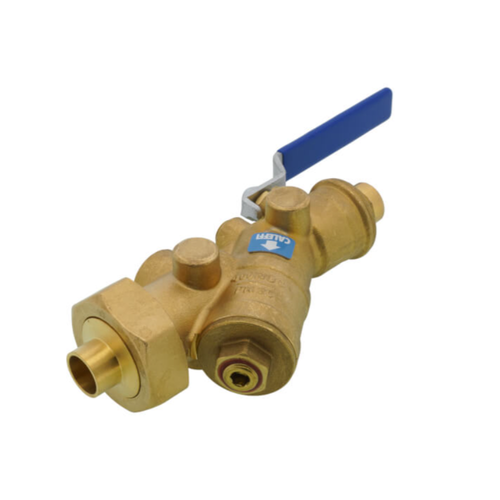 Brass Y-strainer with integrated ball valve and blue handle for 1/2" soldered connections.