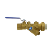Brass Y-strainer with ball valve featuring blue handle and threaded NPT connections on three ports.