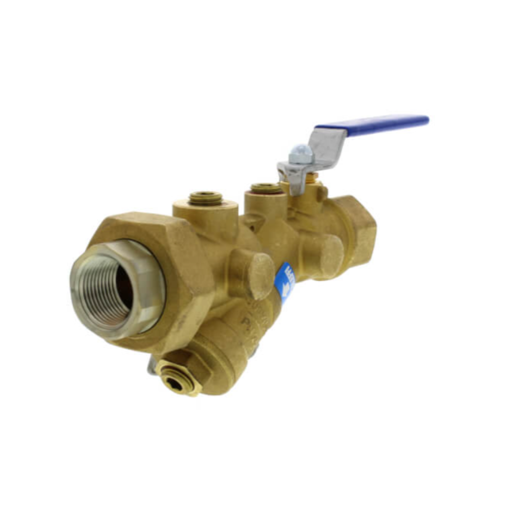 Brass Y-strainer with 3/4" NPT threaded inlet, ball valve with blue handle, and outlet ports.