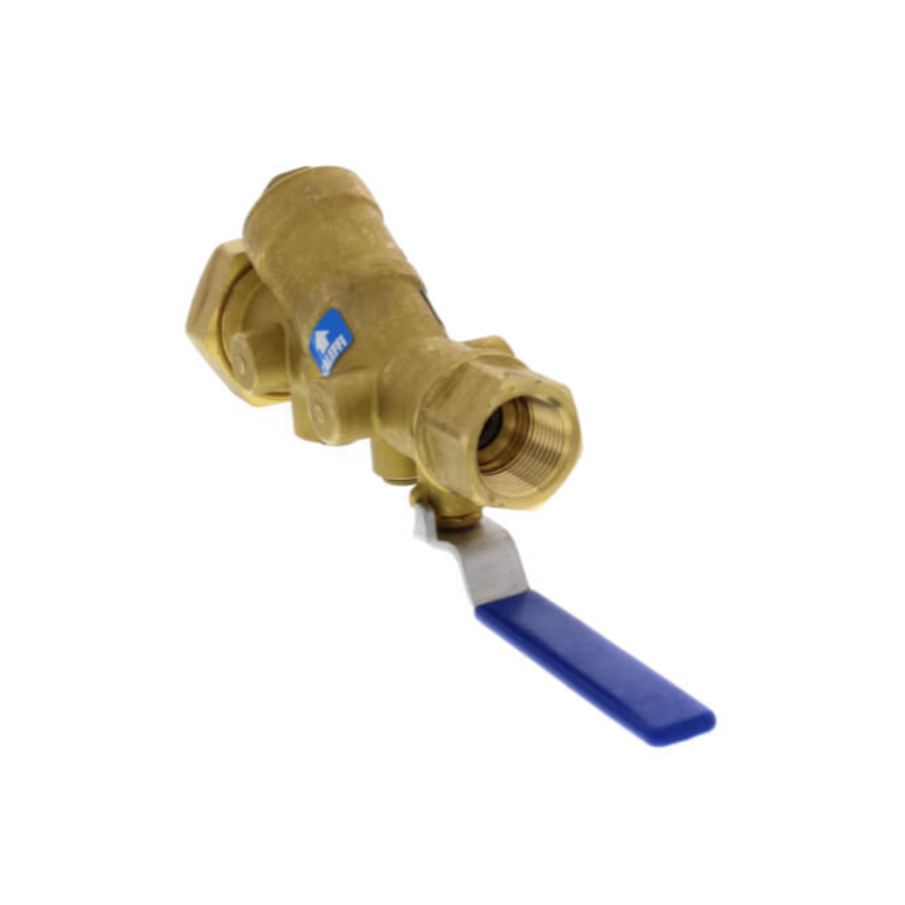 Brass Y-strainer with 3/4" NPT connections and blue ball valve handle.