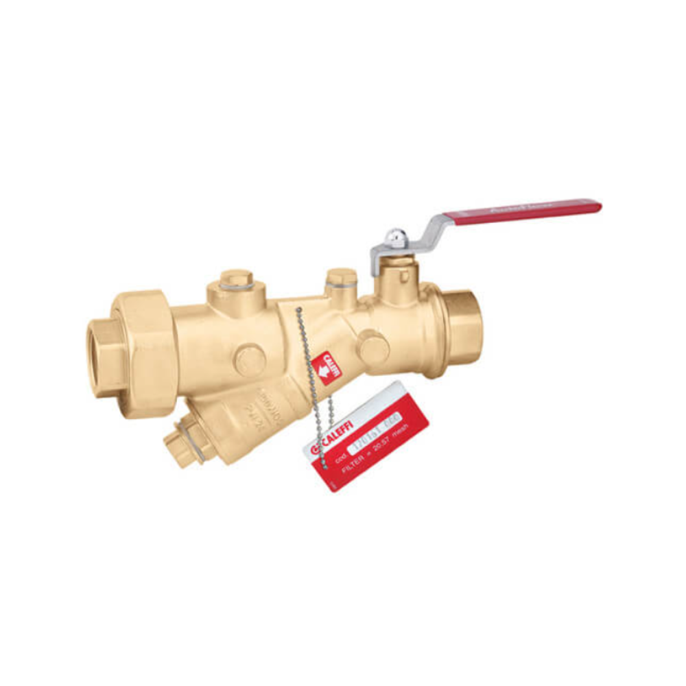 Brass Y-strainer with ball valve, red handle lever, and NPT threaded ports with attached red product tag.
