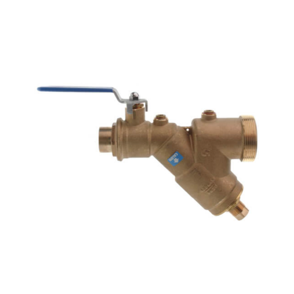 Brass Y-strainer with blue ball valve handle and threaded connections on three ports.