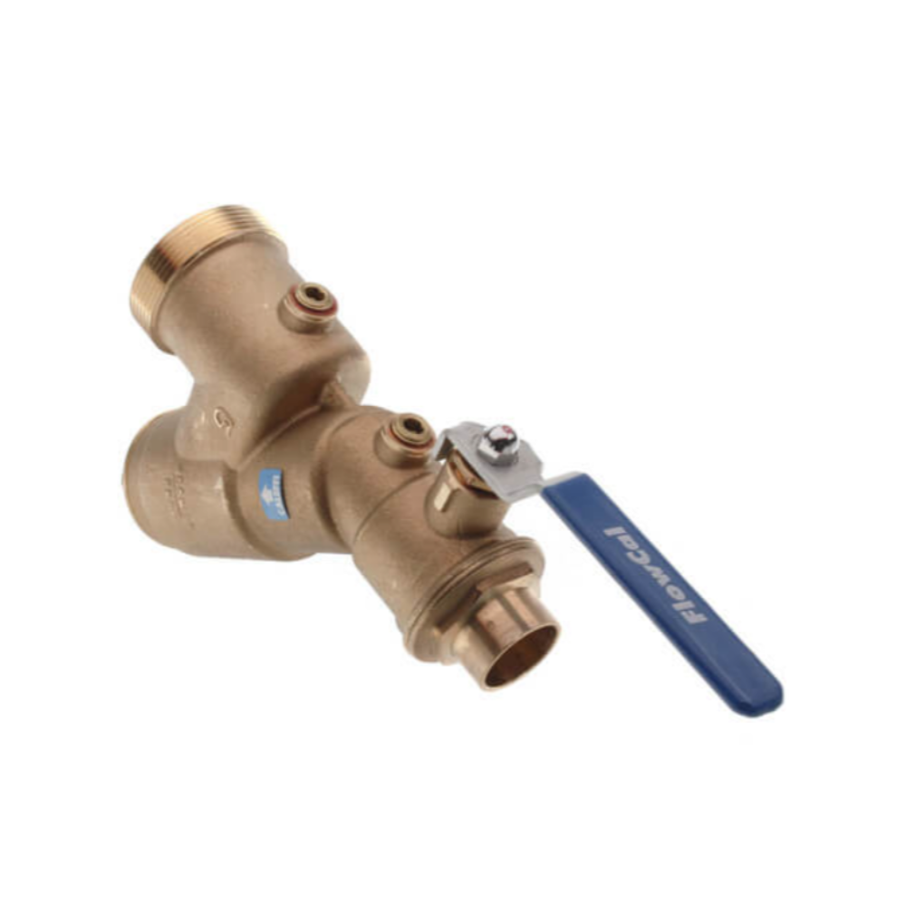 Brass Y-strainer with blue ball valve handle and threaded connections on white background.