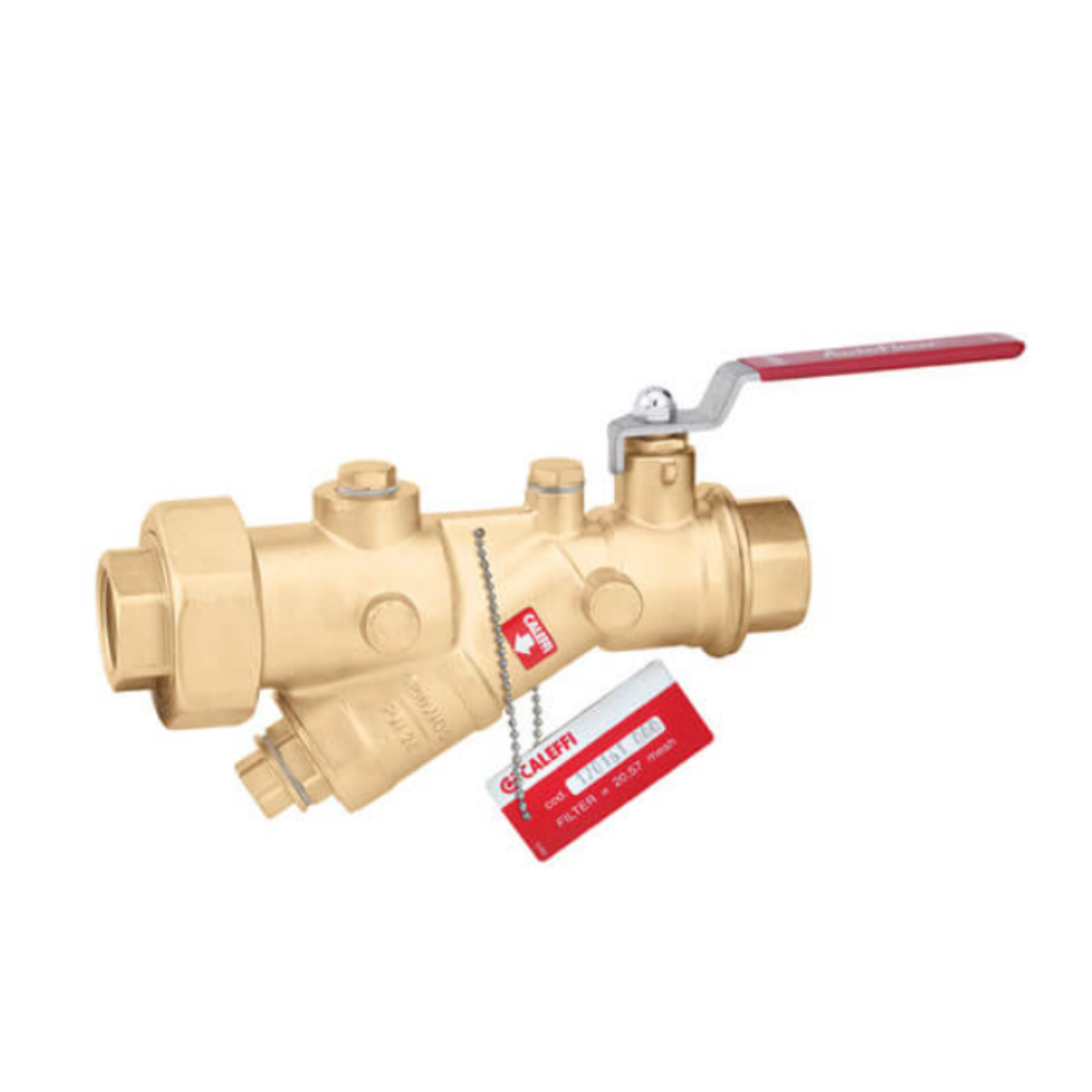 Brass Y-strainer with ball valve, red lever handle, and drain port with Caleffi label.