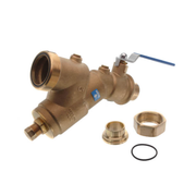 Brass Y-strainer with 1-1/4" threaded inlet, ball valve with blue handle, and disassembled components including filter cartri