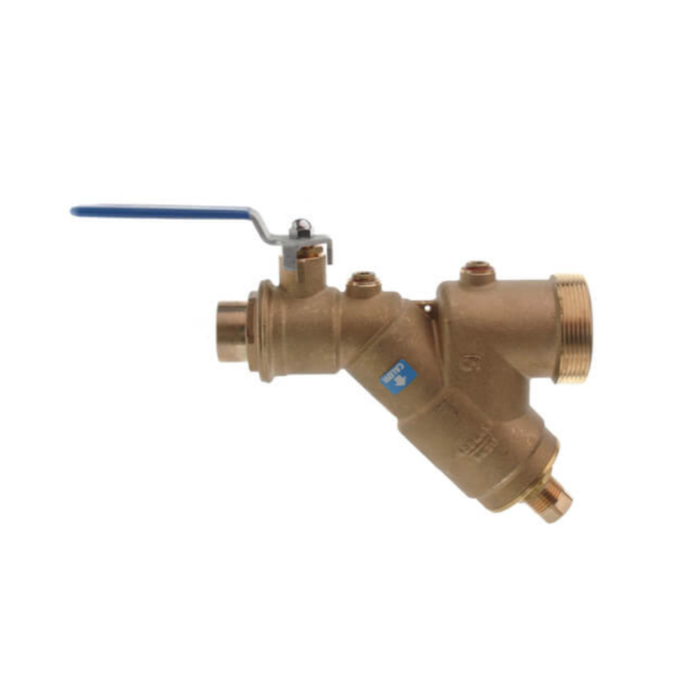 Brass Y-strainer with ball valve and blue lever handle on threaded connections.