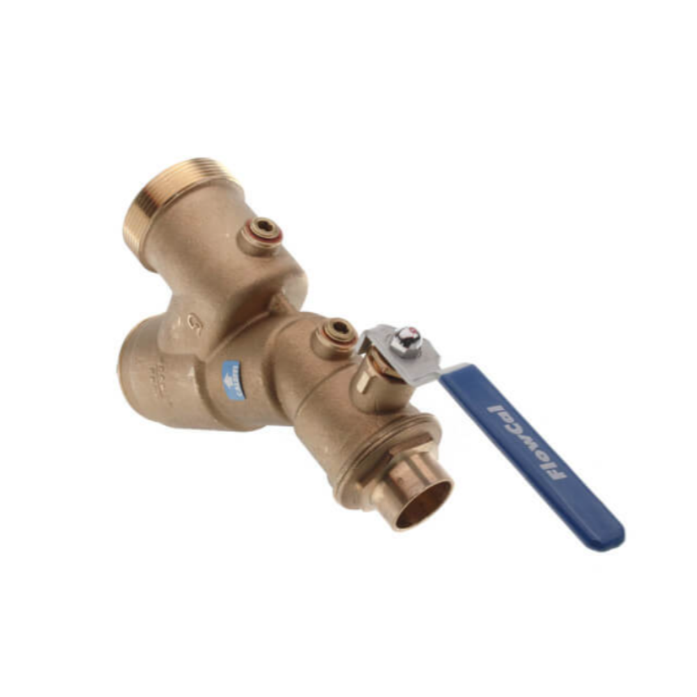 Brass Y-strainer with integrated ball valve, 1-1/4" sweat connections, and blue lever handle.