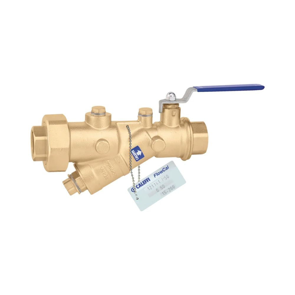 Brass Y-style ball valve with blue lever handle, sweat connections, and product tag attached.