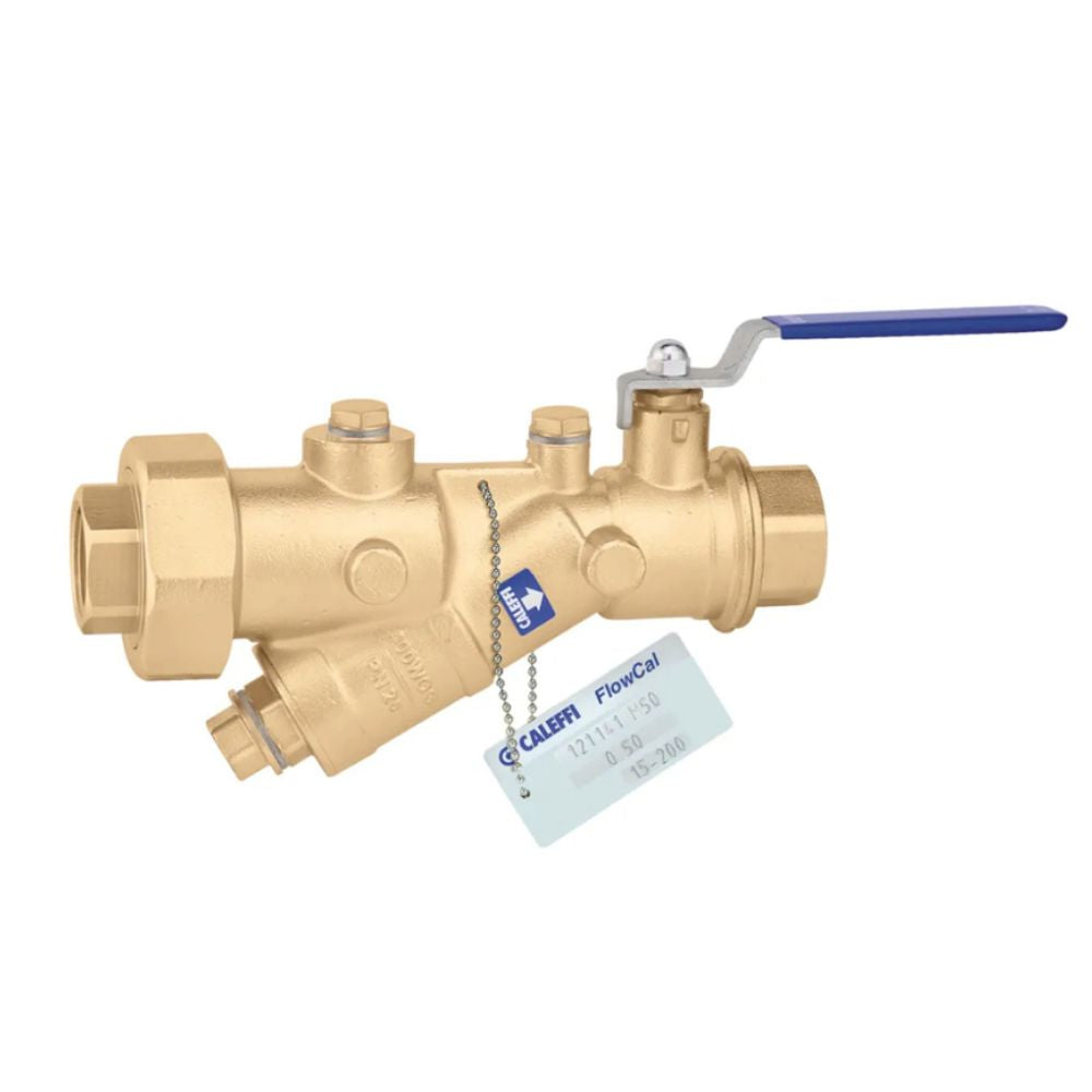 Brass Y-style valve with blue handle and sweat connection ports, with product tag attached.