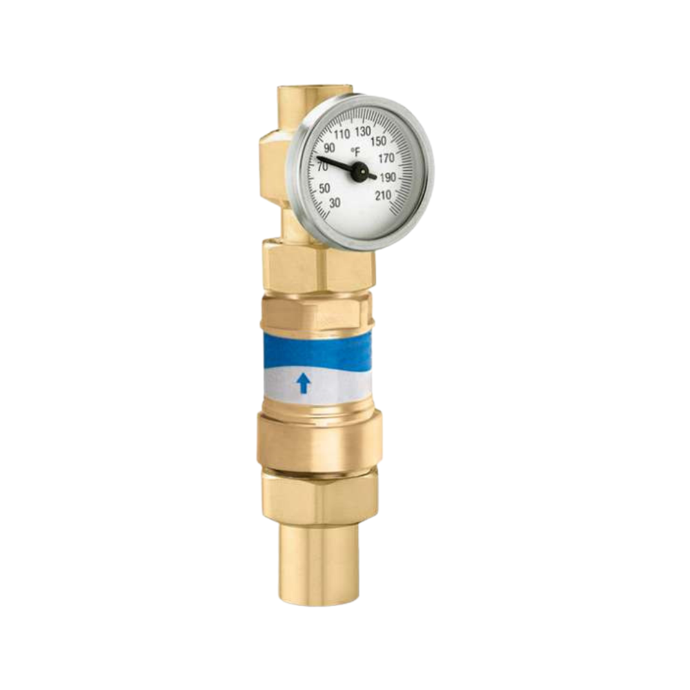 Brass press fitting valve with temperature gauge displaying Fahrenheit and Celsius scales and blue directional arrow band.