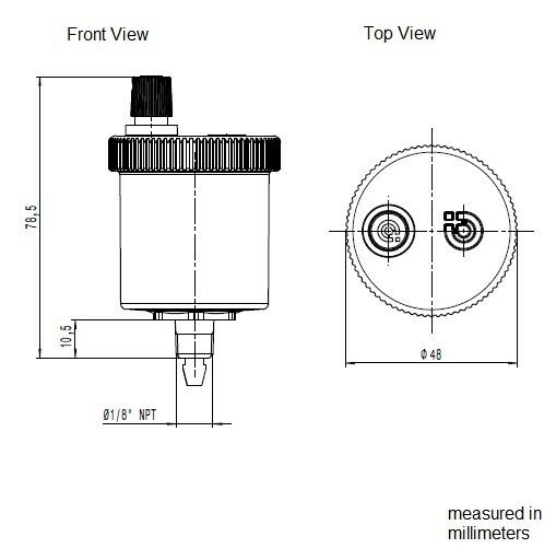 Two cylindrical automatic air vents with 1/8" NPT male connections, shown in front and top views with dimensional specificati