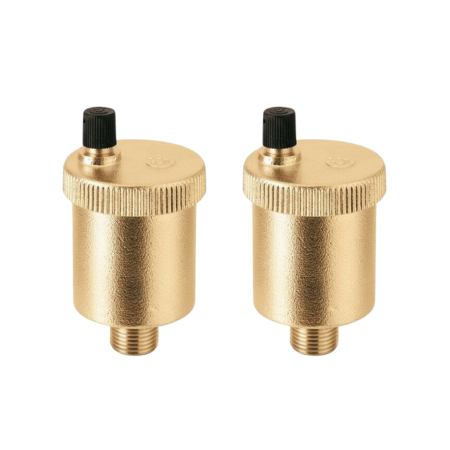 Two brass automatic air vents with 1/8" NPT male threads and black top valves.