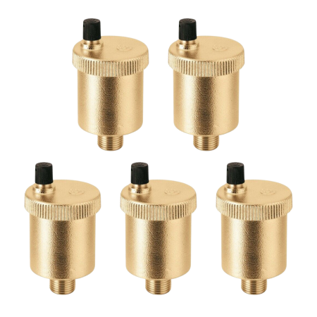 Five brass automatic air vents with black release valves and knurled grip surfaces.