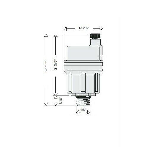 Caleffi ROBOCAL automatic air vent with 1/8" NPT male connection and dimension measurements shown.