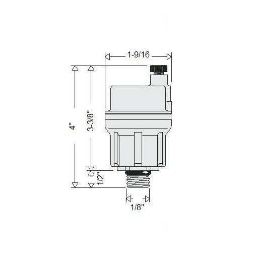 Brass automatic air vent with 1/8 inch NPT connection, shown in technical schematic with dimensions and internal chamber deta
