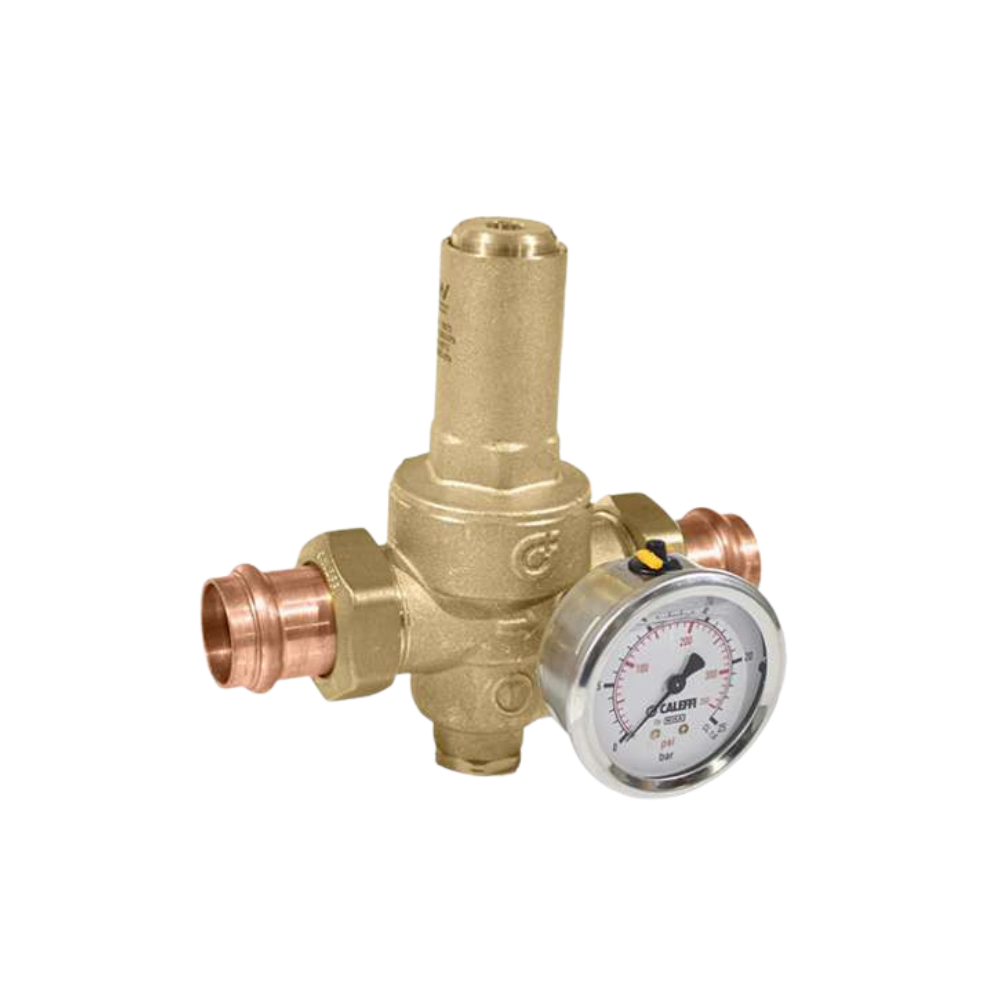 Brass pressure relief valve with dual copper union connections and attached pressure gauge display.