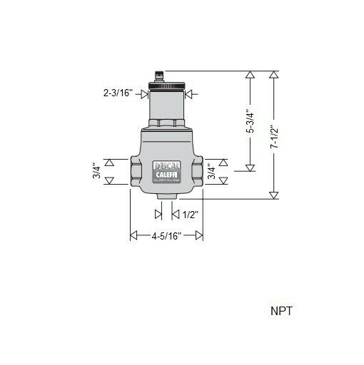 Brass air separator with 3/4 inch NPT connections and detailed dimension measurements labeled.