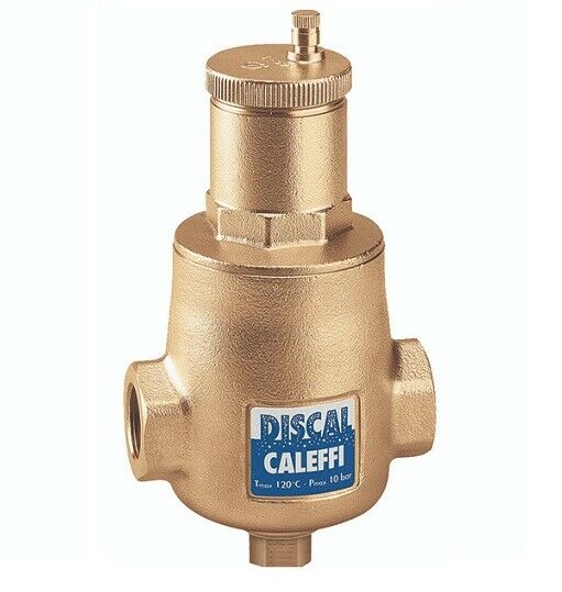 Brass air separator with 1" NPT female connections on sides, top vent valve, and DISCAL Caleffi label.