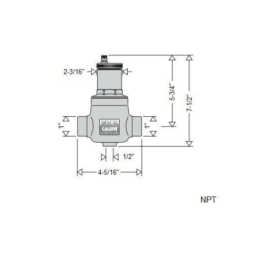 Brass air separator with 1" NPT female connections and top vent valve, shown with dimensional specifications.