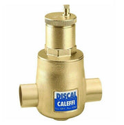 Brass air separator with 1" sweat connections on sides, vent valve on top, and Caleffi DISCAL label.